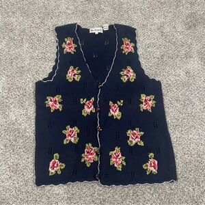 Bechamel Hand knit Cotton Ramie Cardigan Vest Sweater Blue Floral Women’s Size L